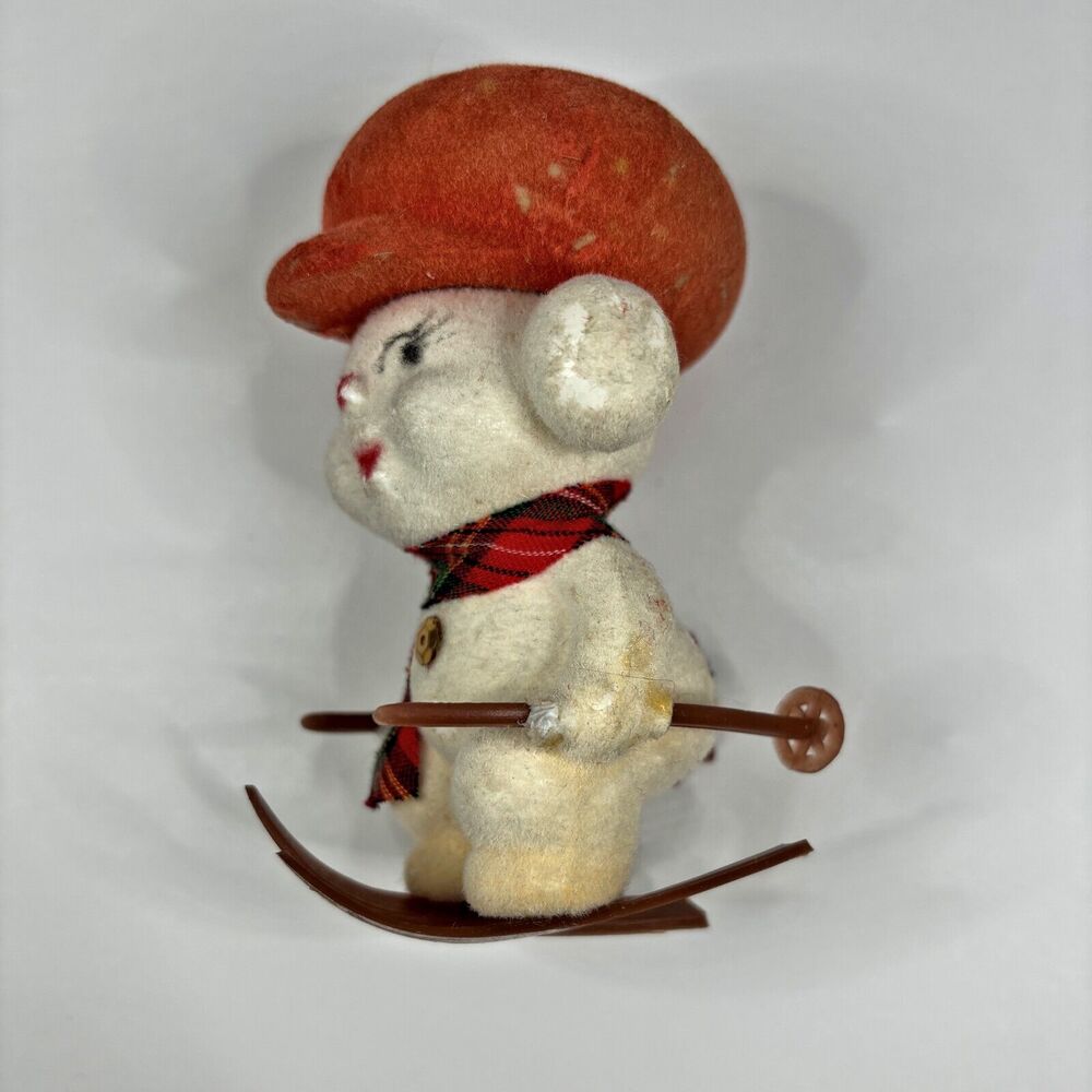 Vintage Flocked Mouse Ski Christmas Ornament Made Hong Kong READ